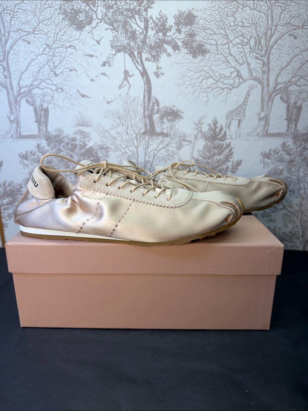 Miu Miu Plume Raso Sneaker in Cipria pink silk ballet slipper tennis shoe